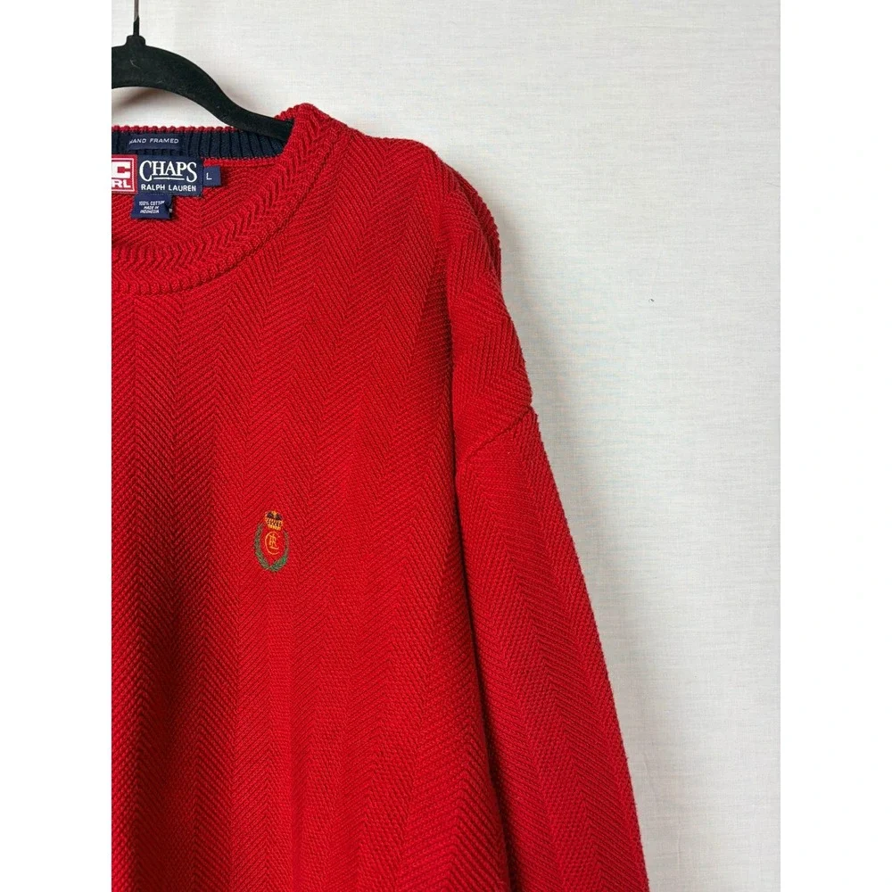 Chaps Ralph‎ Lauren Mens Red Herringbone Knit Cotton Crewneck Sweater Large
